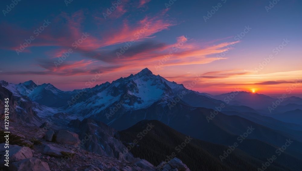 Obraz premium Mountain landscape at sunset with dramatic clouds and varying shades of blue and purple in the sky over rugged terrain and snow-capped peaks