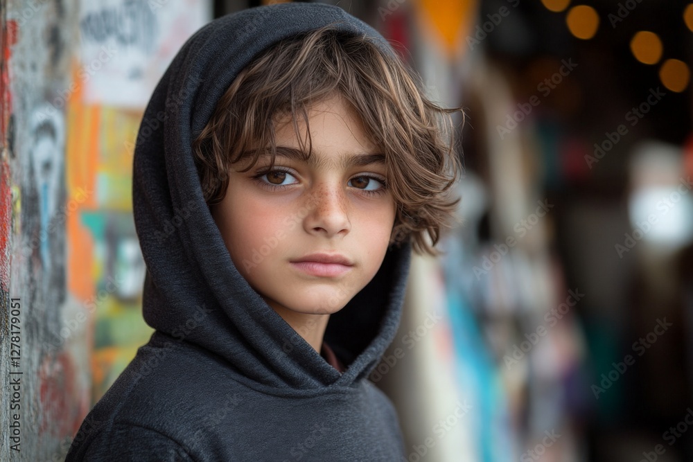Boy in a dark hoodie stands thoughtfully against a colorful urban backdrop with bright art and text in daylight Boy in a dark hoodie stands thoughtfully against a colorful urban backdrop with bright art and text in daylight