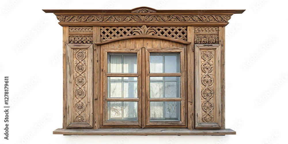 Fototapeta premium Charming Old Vintage Wooden Window Isolated on a White Background, Perfect for Rustic Decor