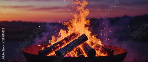 Obraz na płótnie Campfire at dusk with bright flames and burning logs in a circular fire pit against a colorful sunset sky w salonie