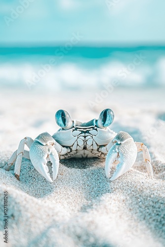 A white crab sits on a sandy beach near the ocean photo