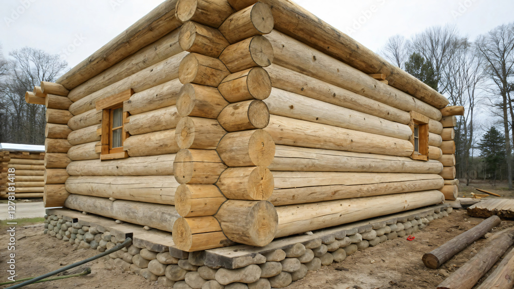 Rustic Wooden Cabin with Log Construction Surrounded by Nature and Clear Sky Rustic Wooden Cabin with Log Construction Surrounded by Nature and Clear Sky