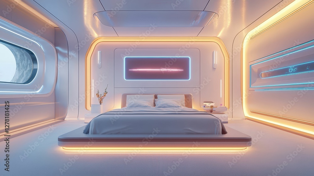 Modern Futuristic Bedroom Interior with Neon Lighting and Minimalist Design Modern Futuristic Bedroom Interior with Neon Lighting and Minimalist Design