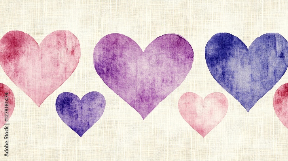 Watercolor Hearts Seamless Pattern: Pink, Purple and Red Hearts on Linen Texture Watercolor Hearts Seamless Pattern: Pink, Purple and Red Hearts on Linen Texture