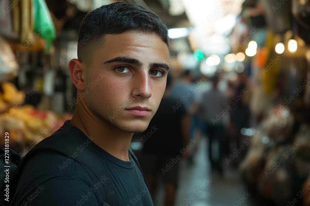 Fototapeta premium Young man looks thoughtfully at the camera in a bustling market filled with people and goods