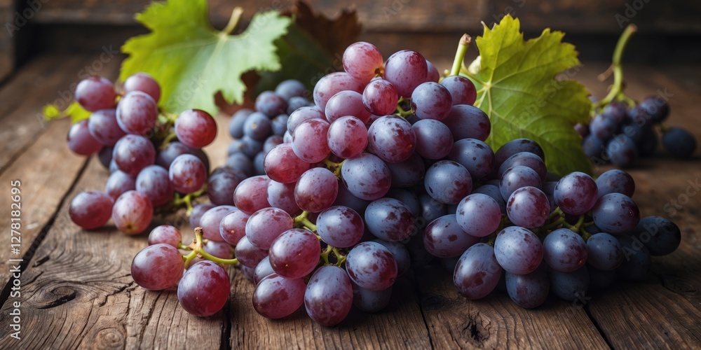 Fresh red grapes with green leaves on rustic wooden surface close-up photography Fresh red grapes with green leaves on rustic wooden surface close-up photography