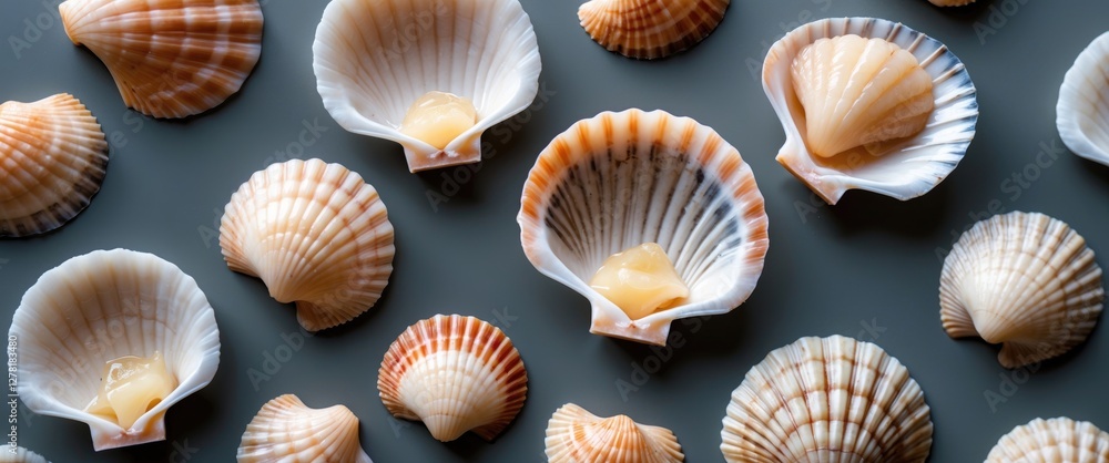 Assorted scallop shells arranged on a gray background in a flat lay composition showcasing their natural textures and colors Assorted scallop shells arranged on a gray background in a flat lay composition showcasing their natural textures and colors
