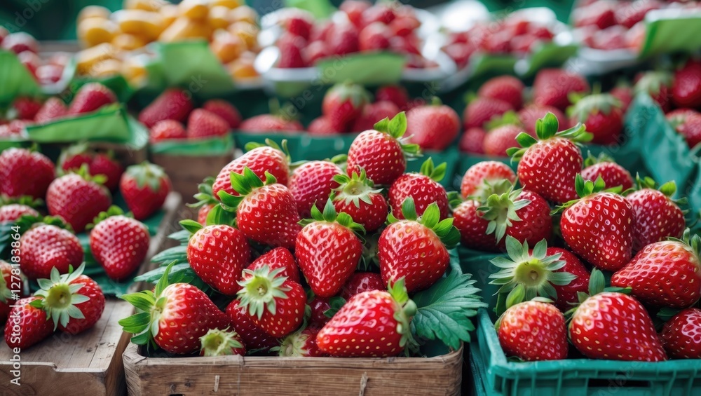 Fresh ripe strawberries in wooden and plastic crates at a farmers market with blurred background of more fruits and produce.