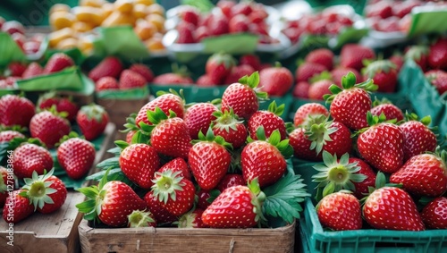 Obraz na płótnie Fresh ripe strawberries in wooden and plastic crates at a farmers market with blurred background of more fruits and produce. w salonie