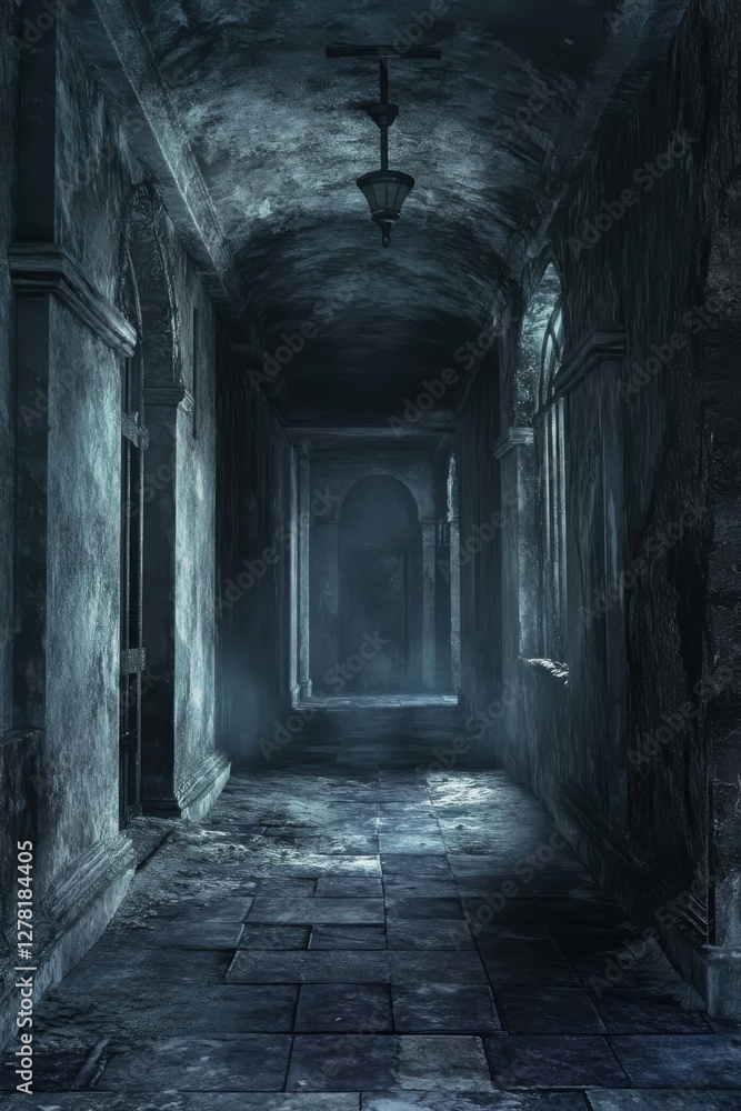Obraz premium Dungeon Corridor: Abandoned Tunnel with Ghostly Light in Dark Stone Architecture