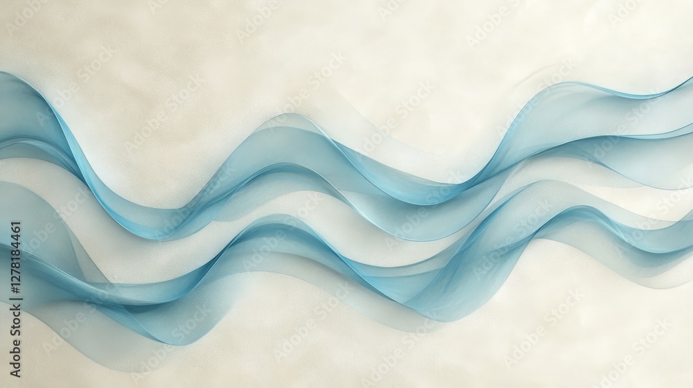 Fototapeta premium Blue translucent ribbon shapes flowing across the cream background space