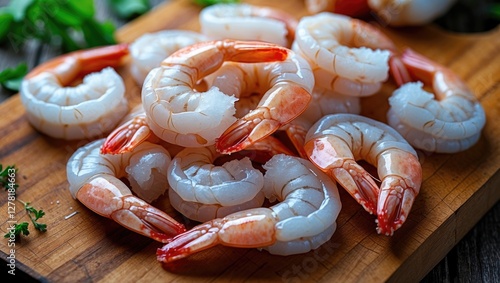 Raw shrimp on a wooden cutting board with fresh herbs ready for cooking in a kitchen setting