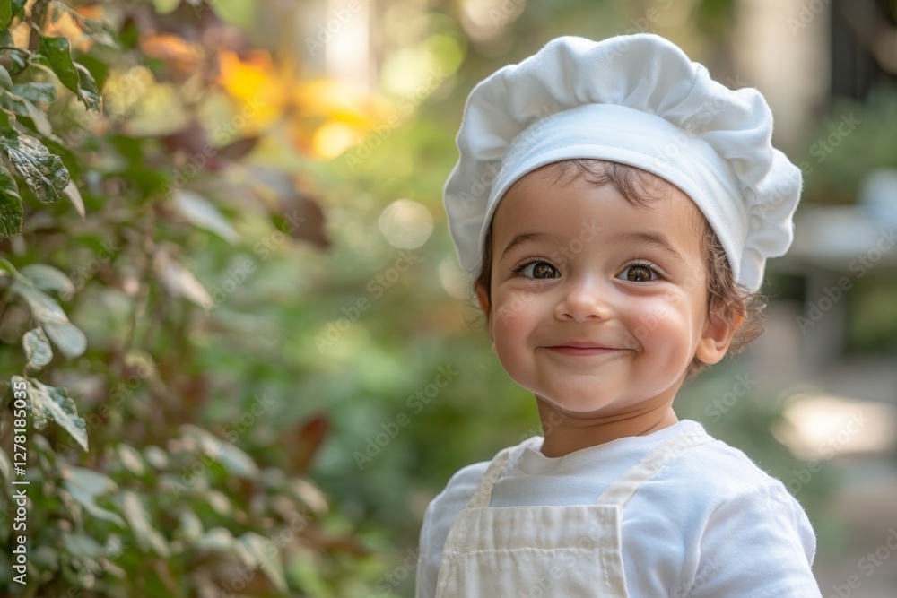 Joyful child dressed as chef smiles in vibrant garden setting during sunny daytime Joyful child dressed as chef smiles in vibrant garden setting during sunny daytime