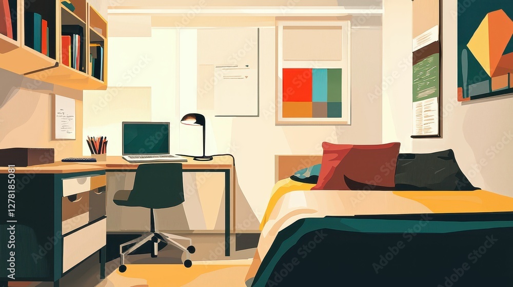 Cozy Study Room with Desk, Bed, and Colorful Wall Art Cozy Study Room with Desk, Bed, and Colorful Wall Art