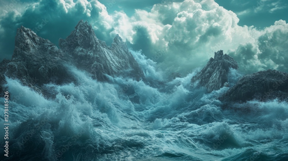Surreal landscape with storm clouds and crashing waves, a dreamscape or fantasy world. Surreal landscape with storm clouds and crashing waves, a dreamscape or fantasy world.