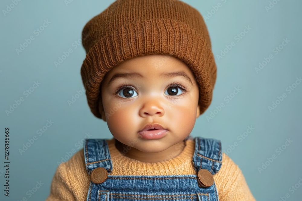 Cute baby wearing a cozy sweater and a beanie with an expressive gaze against a soft blue background