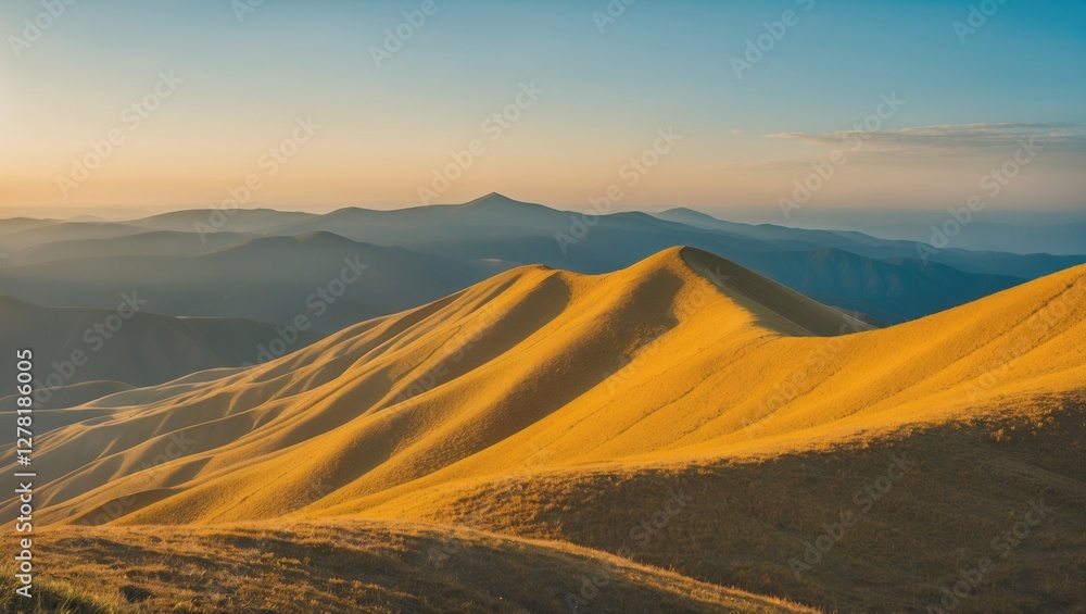 Obraz premium Golden rolling hills under a blue sky with distant mountains in soft focus during sunset light in a natural landscape scene.