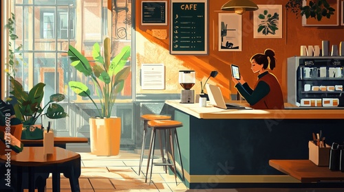 A freelancer working remotely from a stylish coffee shop