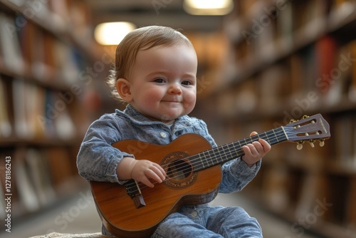 Young child enjoys playing ukulele in library setting surrounded by books