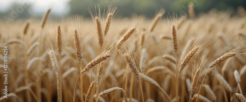 Golden wheat stalks in a field under natural sunlight with blurred background, emphasizing agricultural growth and harvest season. photo