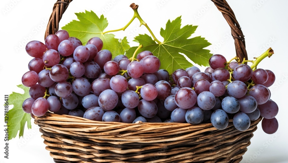 Basket filled with fresh purple grapes and green leaves on a white background Basket filled with fresh purple grapes and green leaves on a white background