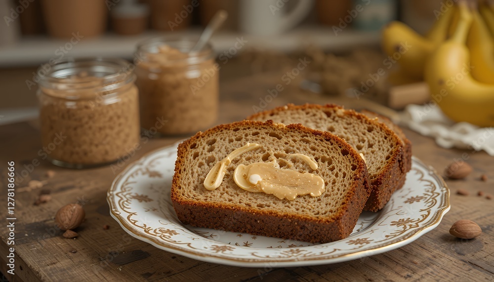 Serving Slices of Bread with Peanut Butter and Bananas on Wooden Table Serving Slices of Bread with Peanut Butter and Bananas on Wooden Table