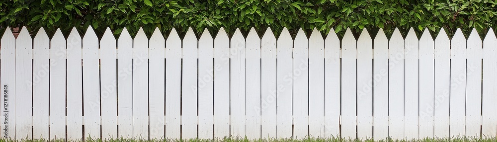 Fototapeta premium White Wooden Picket Fence Against Lush Green Hedge in Bright Natural Light Setting