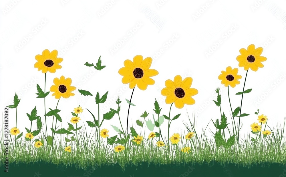 Fototapeta premium Ilustración de flores amarillas silvestres con hojas verdes y hierba sobre fondo blanco en un diseño botánico natural