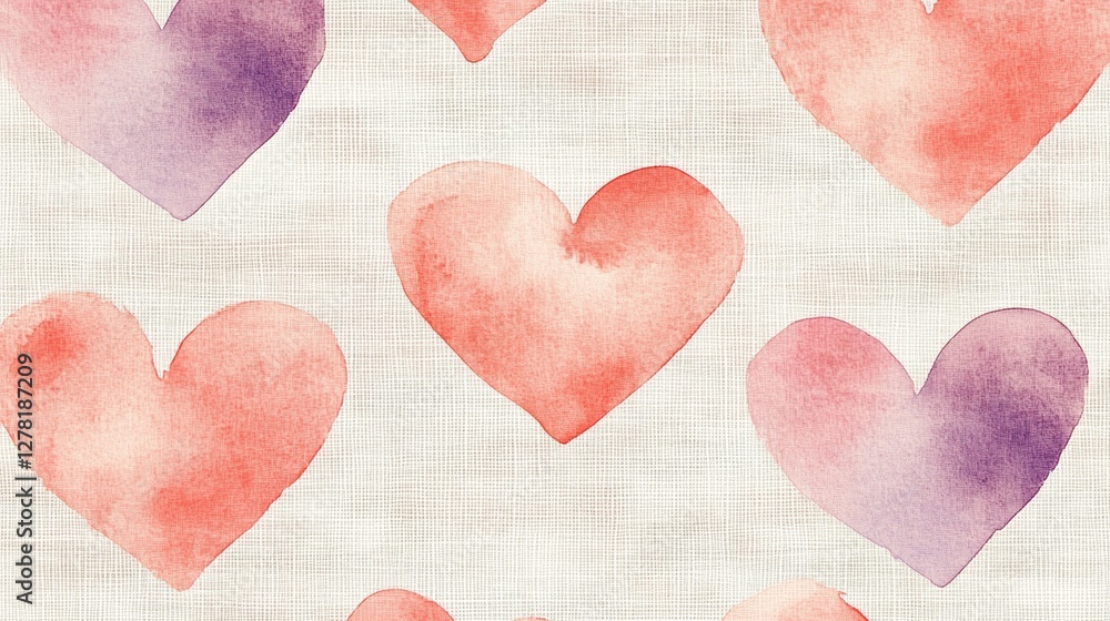Fototapeta premium Watercolor Hearts Seamless Pattern on Linen Texture