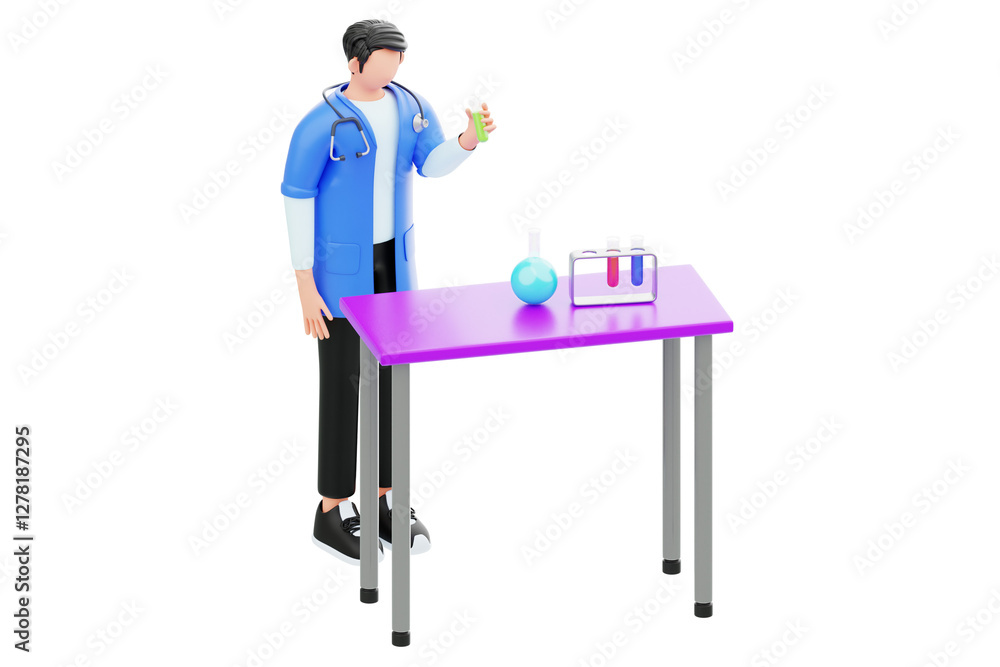 Doctor looking at a test tube 3D Character Illustration. Doctor looking at a test tube 3D Character Illustration.