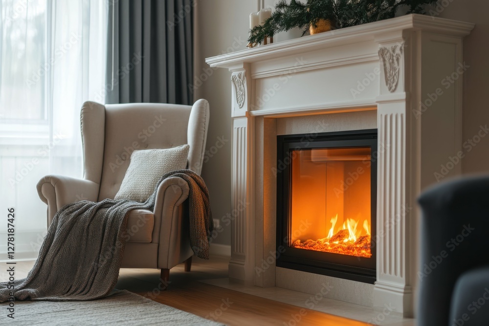 Fototapeta premium Electric Fireplace in a Stylish Living Room Interior with Comfortable Armchair