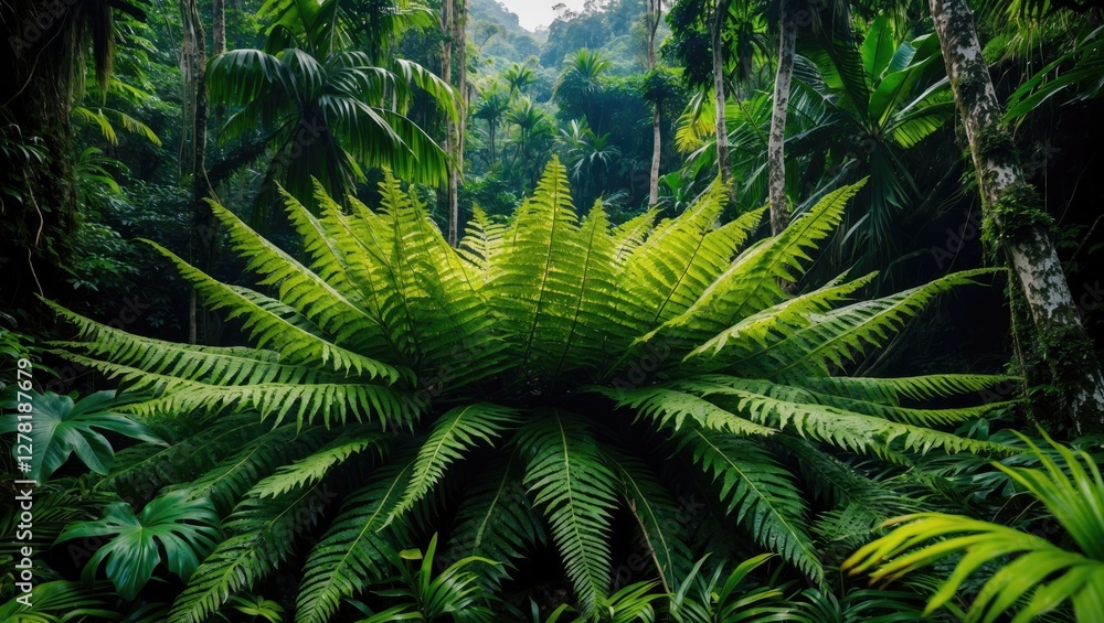 Lush green tropical rainforest with large fern foliage and dense vegetation in a natural wilderness setting Lush green tropical rainforest with large fern foliage and dense vegetation in a natural wilderness setting