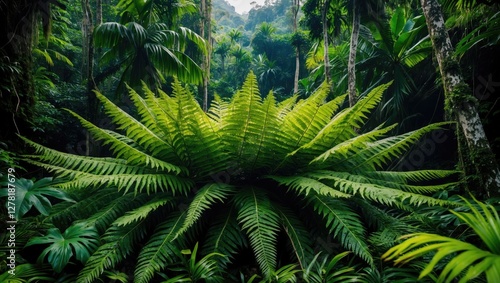 Lush green tropical rainforest with large fern foliage and dense vegetation in a natural wilderness setting photo