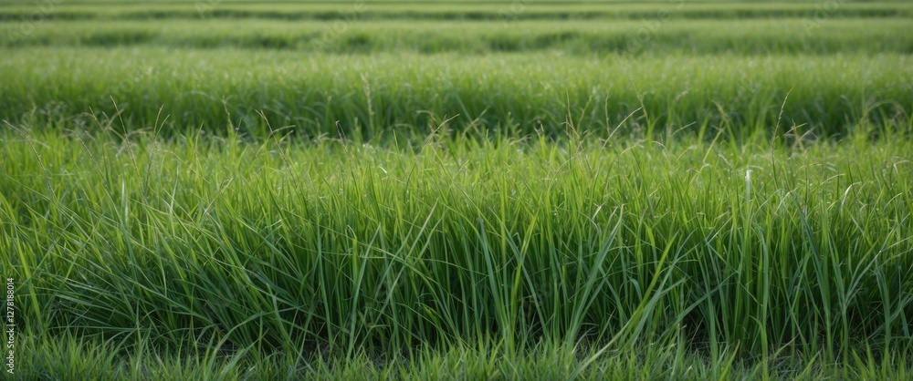 Obraz premium Lush green rice field with rows of vibrant rice plants growing under natural light in a rural landscape setting