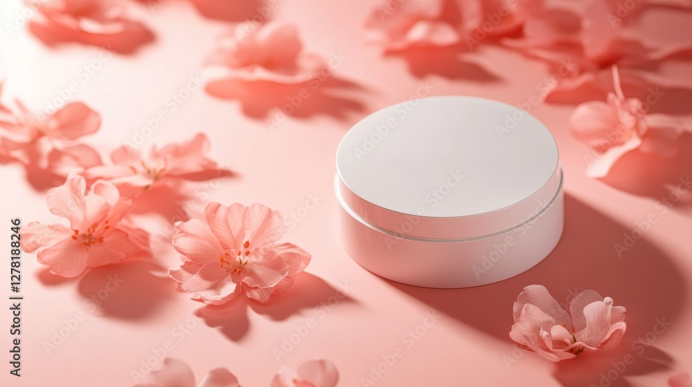 Minimalist product display podium, elegant white cylindrical platform, soft coral pink backdrop, delicate spring flower petals, gentle shadow play, professional studio lighting, luxury cosmetic