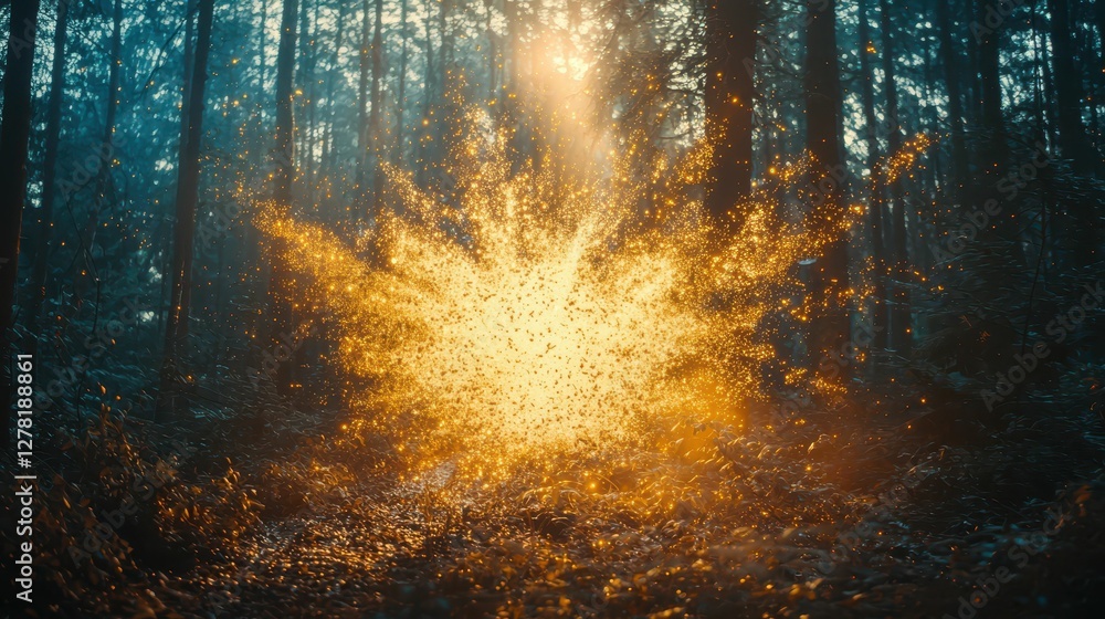 Bright Golden Explosion of Particles in Enchanted Forest Setting Bright Golden Explosion of Particles in Enchanted Forest Setting