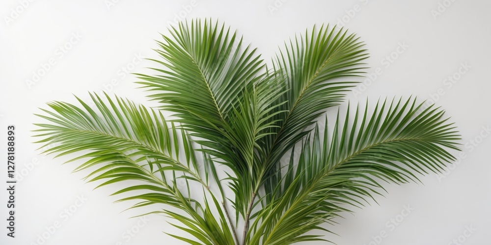 Green palm leaves arranged on a white background for a clean and fresh botanical aesthetic Green palm leaves arranged on a white background for a clean and fresh botanical aesthetic