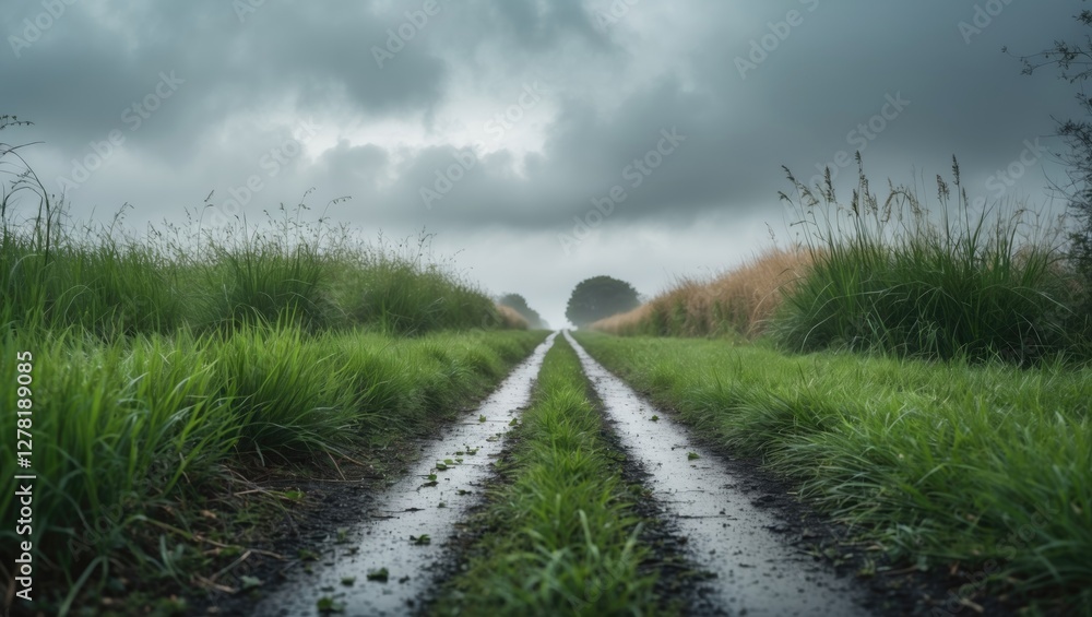 Foggy rural path between tall grass in overcast weather with a distant tree at the horizon. Foggy rural path between tall grass in overcast weather with a distant tree at the horizon.