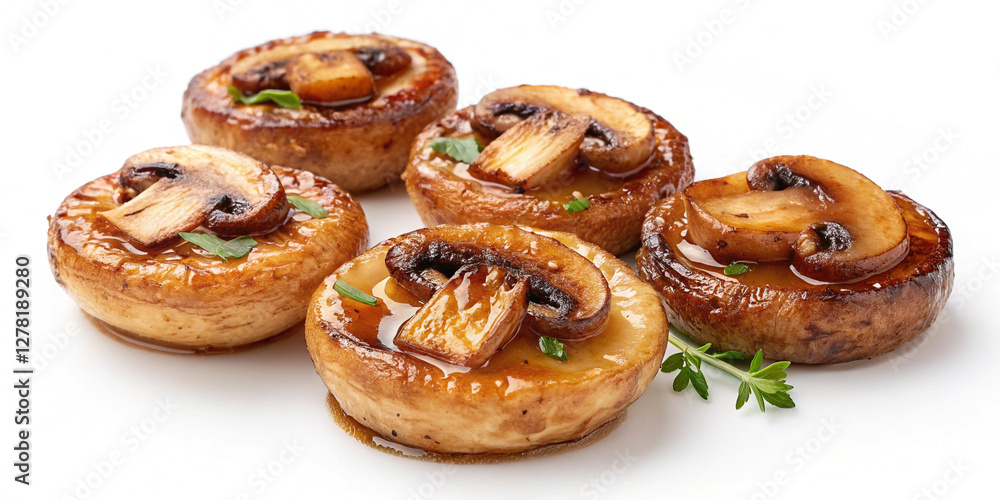 Savory Roasted Sliced Mushrooms Isolated on a White Background Savory Roasted Sliced Mushrooms Isolated on a White Background