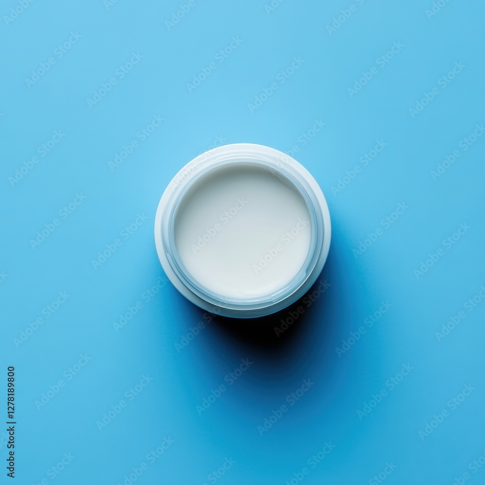 Minimalist top view of white cream in container on blue background for skincare and beauty product promotion Minimalist top view of white cream in container on blue background for skincare and beauty product promotion