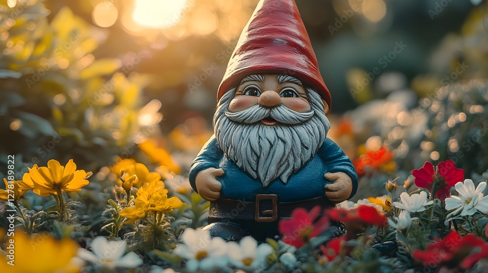 Naklejka premium A Magical and Tranquil Scene Featuring a Happy Garden Gnome in a Colorful Blooming Outdoor Environment