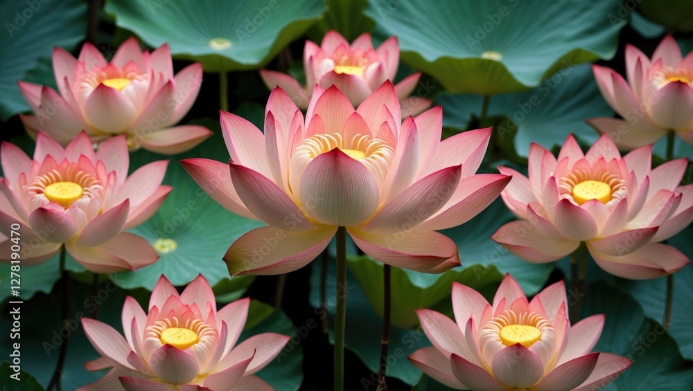 Lotus flowers in full bloom surrounded by green lily pads in a tranquil pond setting. High detail and vibrant colors. Lotus flowers in full bloom surrounded by green lily pads in a tranquil pond setting. High detail and vibrant colors.