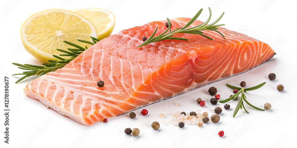 Delicious and Healthy Salmon Fillet Isolated on a White Background Delicious and Healthy Salmon Fillet Isolated on a White Background