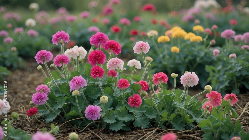 Colorful geranium flowers blooming in a residential garden with a variety of pink and yellow shades surrounded by lush green leaves