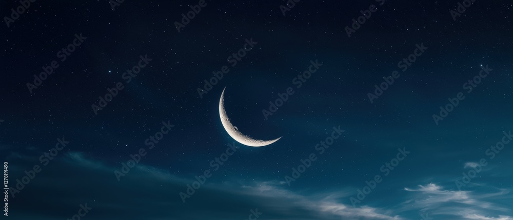 A serene night sky featuring a delicate crescent moon surrounded by soft clouds and twinkling stars, creating a tranquil atmosphere. A serene night sky featuring a delicate crescent moon surrounded by soft clouds and twinkling stars, creating a tranquil atmosphere.