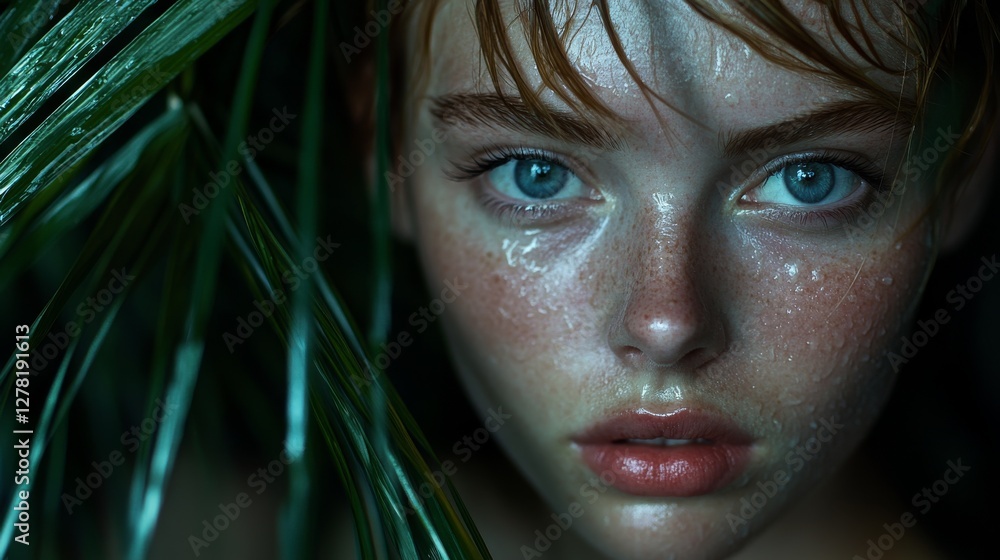 Luxe beauty portrait, lush green palm fronds, wet-look styling, sun-kissed complexion, intense blue eyes, dark dramatic atmosphere, professional fashion lighting, exotic tropical setting Luxe beauty portrait, lush green palm fronds, wet-look styling, sun-kissed complexion, intense blue eyes, dark dramatic atmosphere, professional fashion lighting, exotic tropical setting