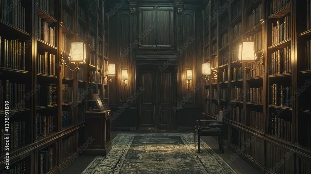 Cozy and Elegant Library Interior with Wooden Shelves and Warm Light Cozy and Elegant Library Interior with Wooden Shelves and Warm Light