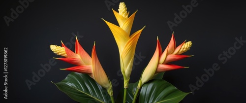 Colorful tropical flowers with striking yellow and red bracts against a dark background with green foliage. photo