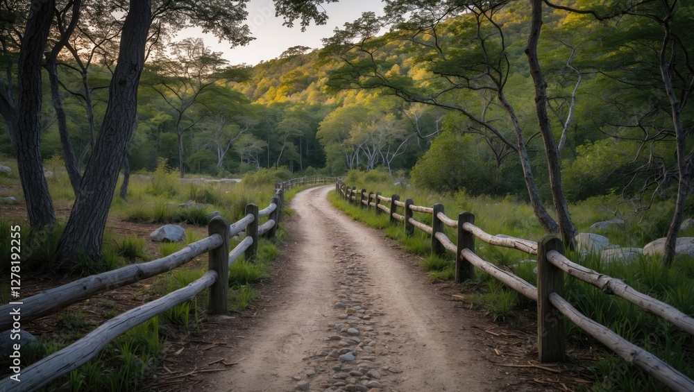 Dirt path winding through a lush green forest with wooden fencing on either side during golden hour lighting Dirt path winding through a lush green forest with wooden fencing on either side during golden hour lighting