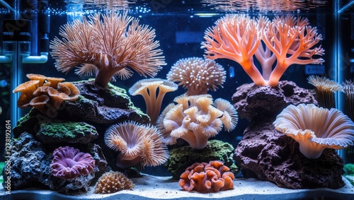 Colorful coral reef aquarium with various coral species and rock formations under water lighting photo